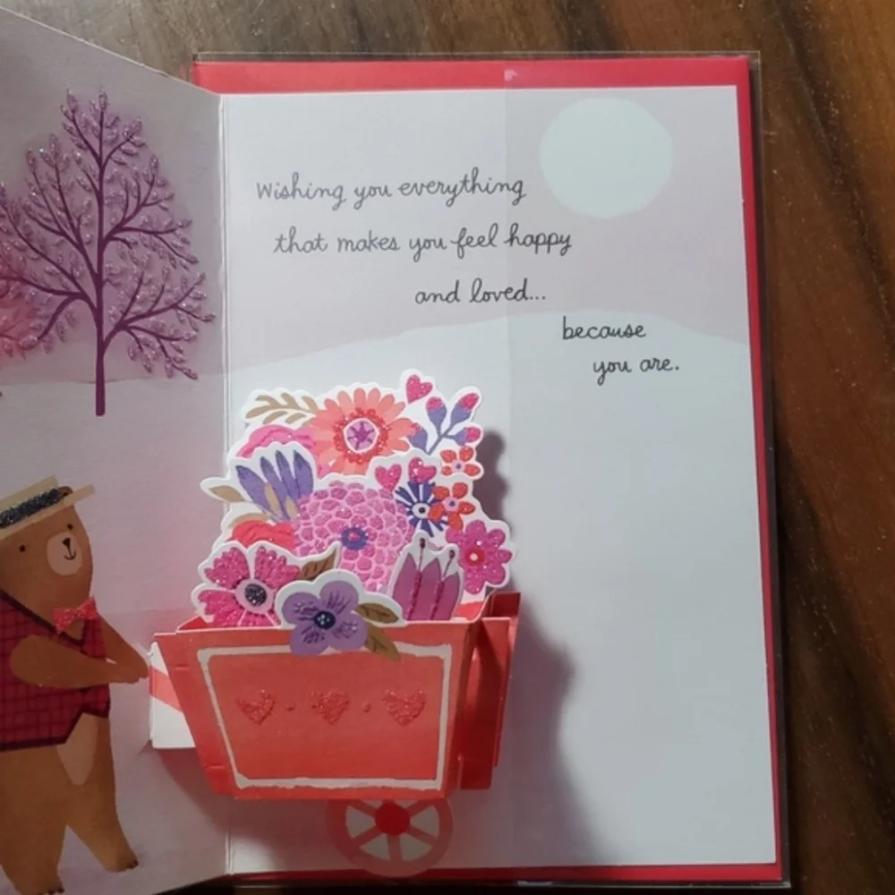 Valentine's Day 3D Greeting Card for Anyone Garden Bear Wheel Barrow Flowers